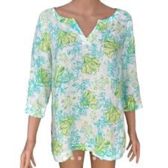 J Jill MEDTurtle 100% Linen 3/4 Sleeve Blouse tropical resortwear beach coastal - Picture 1 of 8